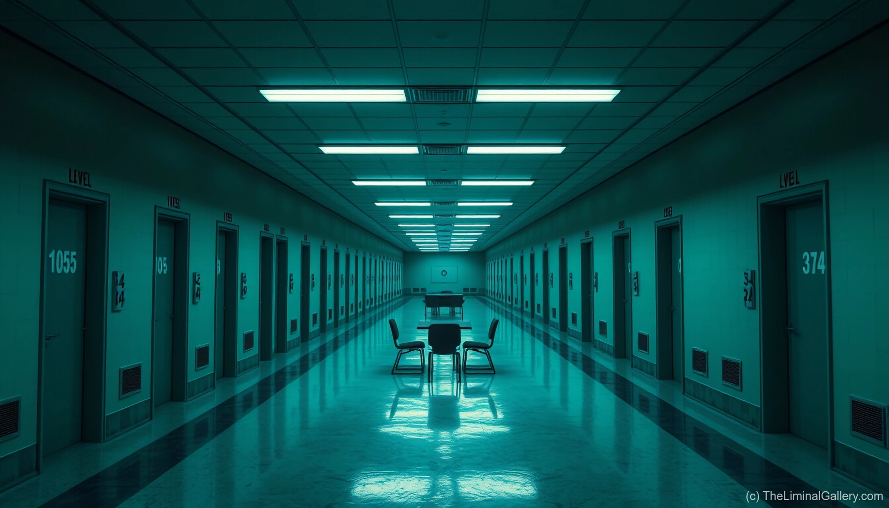 An eerie hallway of numbered doors in Level 21, evoking cryptic mystery and the unsettling Backrooms essence.